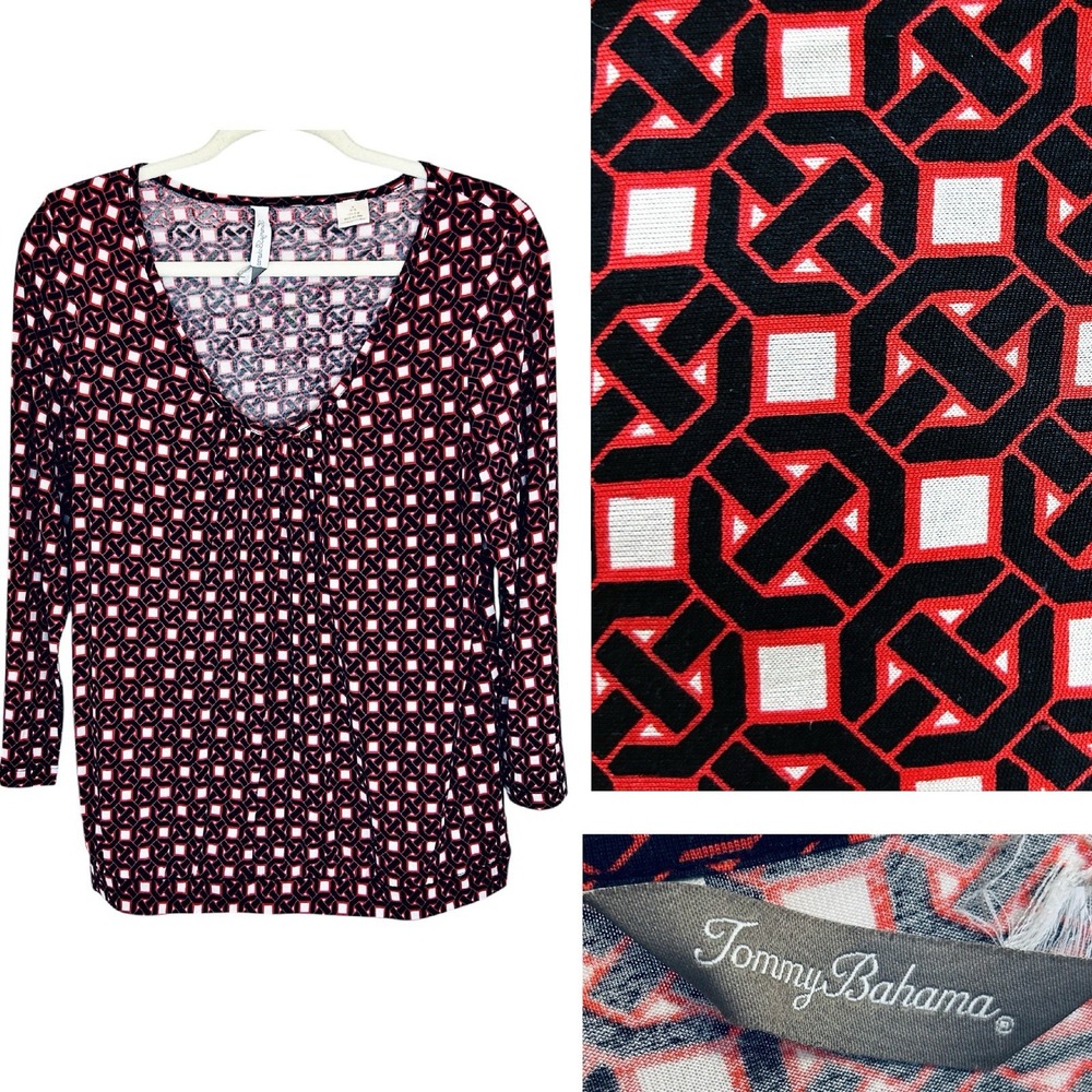 Tommy Bahama Silk Top Medium 8 10 Red Black White Stretch Scoop Neck 3/4 Sleeve